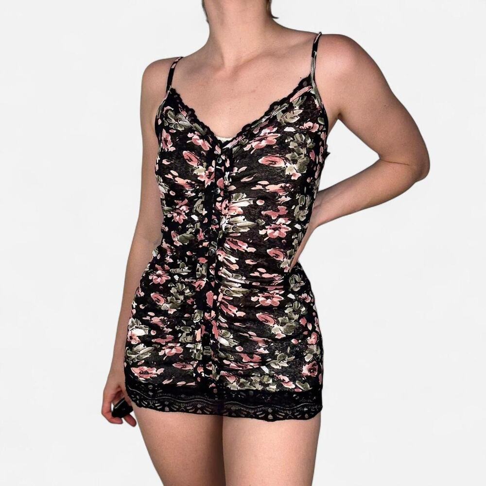Black floral mesh y2k longline cami top lace detailng - size XS/S, Laura Scott